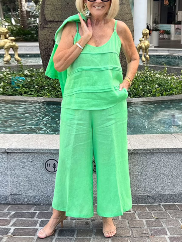 Temperament Cotton Linen Shirt Short Sleeve Wide Leg Pants Women's Sets