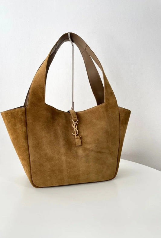 SAINT LAURENT LE5A7 Metal brand logo suede shoulder tote for women in caramel