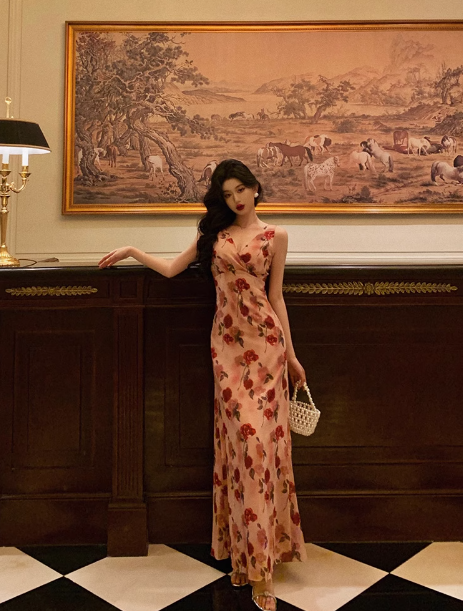 Sexy Sheath V Neckline Floral Pink 18th Birthday Dress Holiday Party Birthday Outfits For Women DP0155