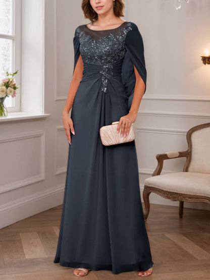 A-Line/Princess Illusion Scoop Appliques Ruched Mother of the Bride Dresses with Cape