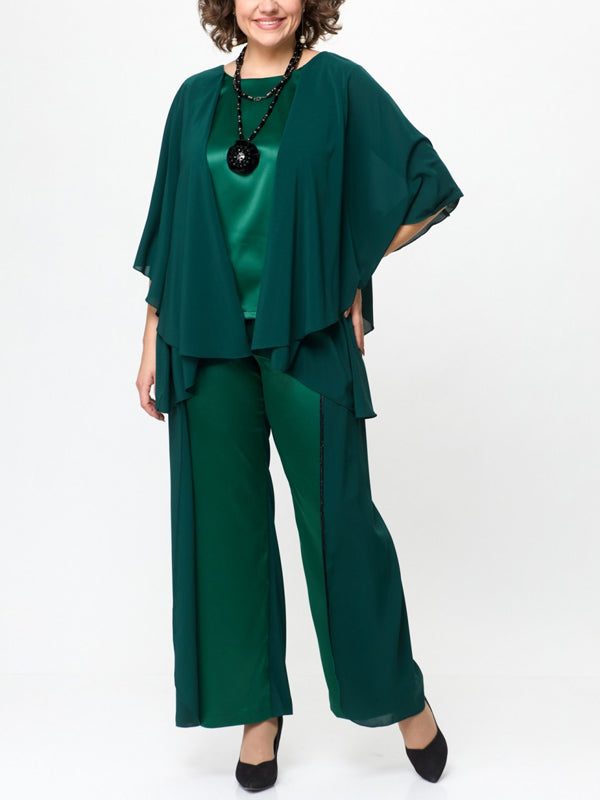 Round Neck Solid Color Chiffon Top And Trousers Suit
