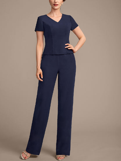V-Neck Solid Color Short-Sleeved Top And Trousers Three-Piece Suit