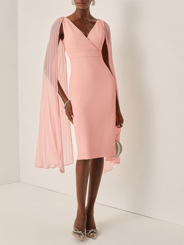 Light Pink Pleated Classic V Neck Sleeveless Sheath Midi Dress