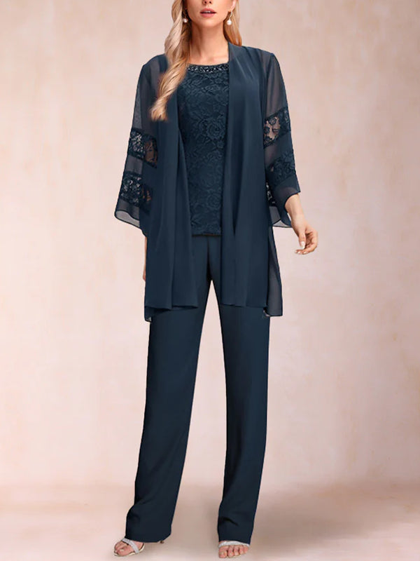 Chiffon Scoop Long Sleeves 3 Pieces Pantsuits with Applique & Jacket