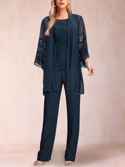 Chiffon Scoop Long Sleeves 3 Pieces Pantsuits with Applique & Jacket