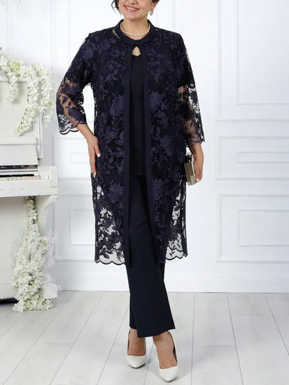 Round Neck Short-sleeved Solid Color Lace Top And Trousers Three-piece Suit