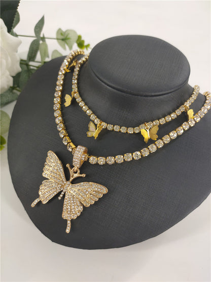 Personalized Butterfly Rhinestone Double Diamond Chain Necklace