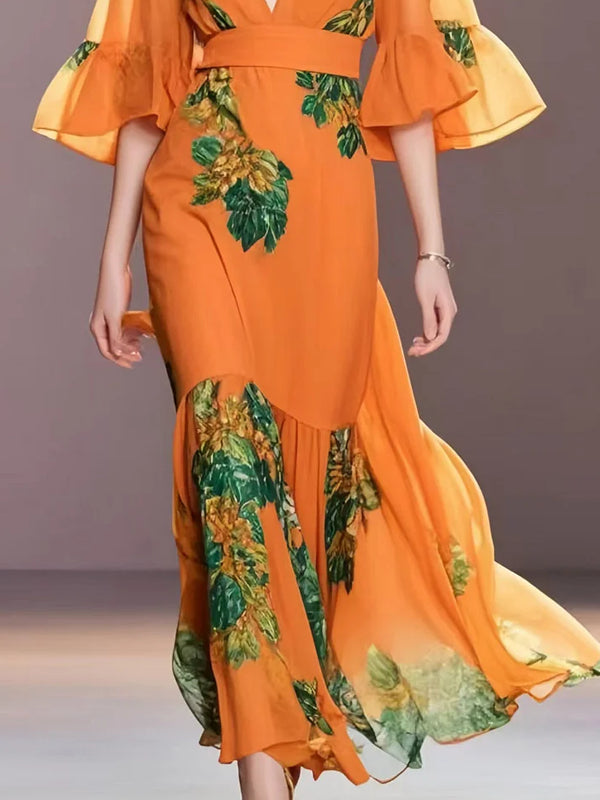 Printed Chiffon Gown With Flared Sleeves