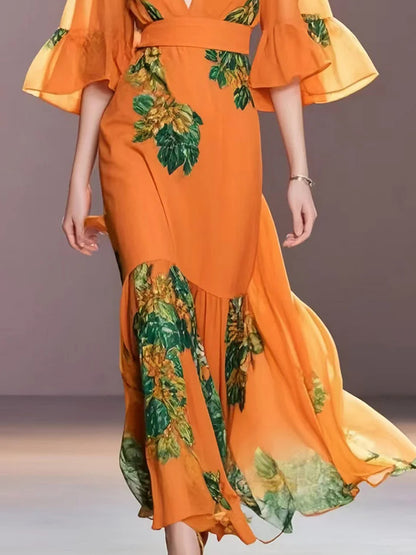Printed Chiffon Gown With Flared Sleeves