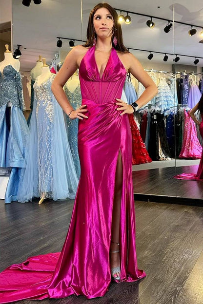 Fashion Halter Neck Satin Long Prom Dresses