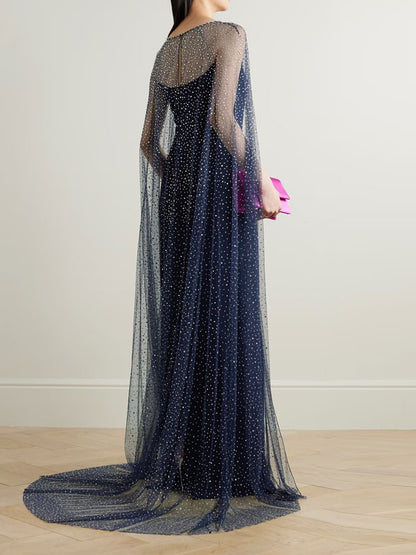 Cordelia Cape-effect Crystal-embellished Tulle and Stretch-crepe Gown