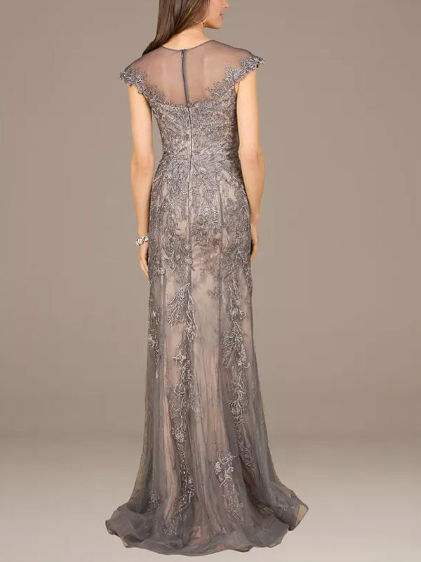 Round Neck Lace Solid Color Maxi Dress