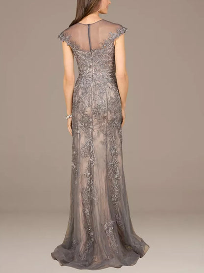 Round Neck Lace Solid Color Maxi Dress