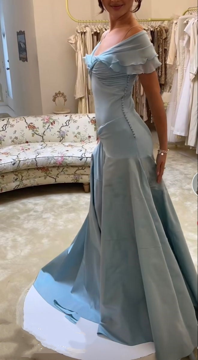 Blue Elegant Simple Off Shoulder Long Satin Prom Dress Evening Dress Party Dress Birthday Dress Graduation Dress gh3018