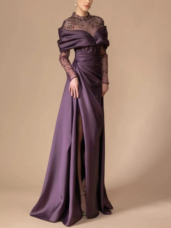 Round Neck Lace Long Sleeve Solid Color Maxi Dress