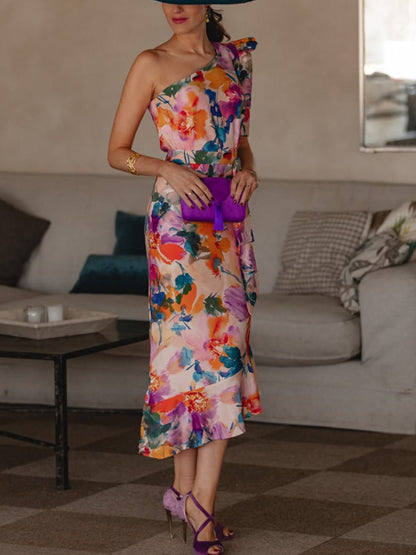 One-shoulder Chiffon Color Matching Women's Dress