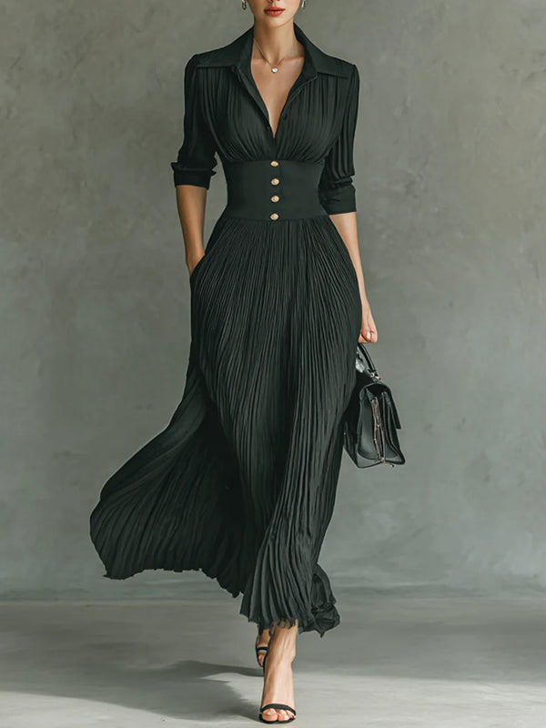 Chiffon Pleated Elegant Shirt Collar Women's Dress