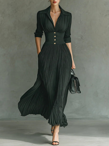 Chiffon Pleated Elegant Shirt Collar Women's Dress