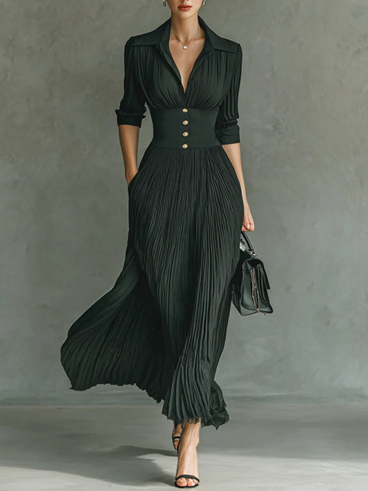 Chiffon Pleated Elegant Shirt Collar Women's Dress