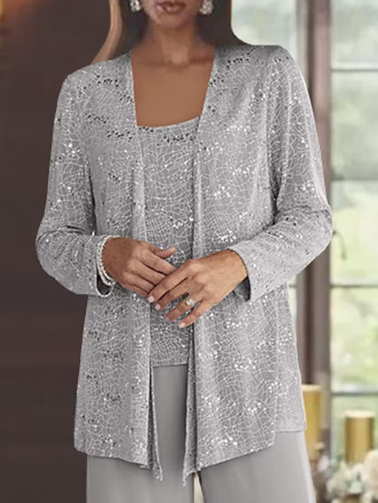 Sequins Chiffon Cardigan Wide Leg Pants Women's Three Piece Sets