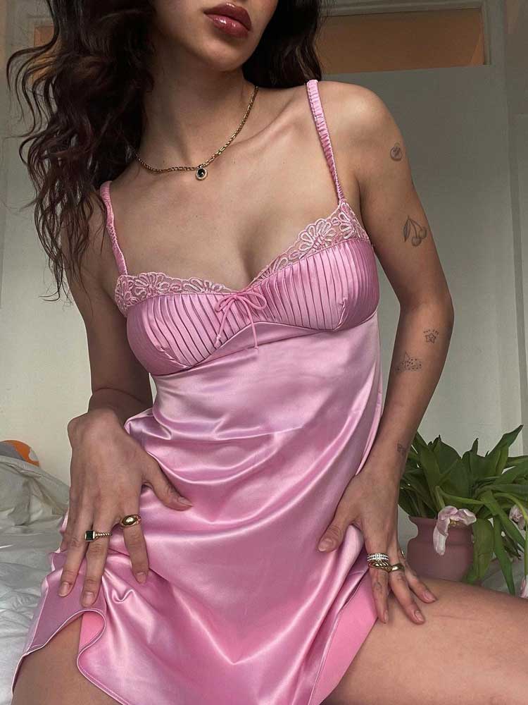 loveedsTM- pink satin slip dress women pinktuck details mini sexy women dress hollow out back chic ladies dress summer party