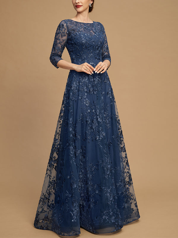Round Neck Lace Long Sleeve Solid Color Maxi Dress