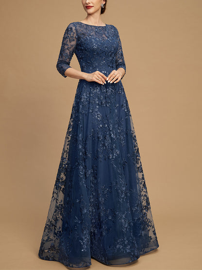 Round Neck Lace Long Sleeve Solid Color Maxi Dress