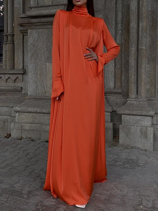 loveedsTM- Flared Sleeves Long Sleeves Solid Color High-Neck Maxi Dresses