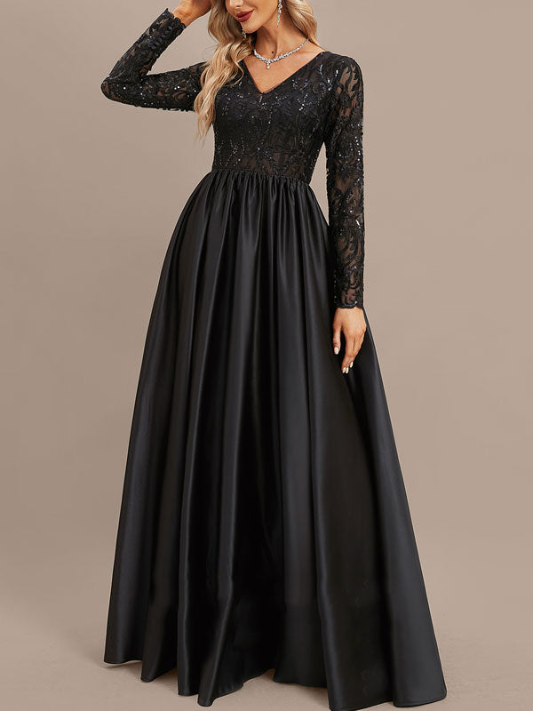 A-line V-Neck Floor-Length Satin Lace Evening Dress With Sequins