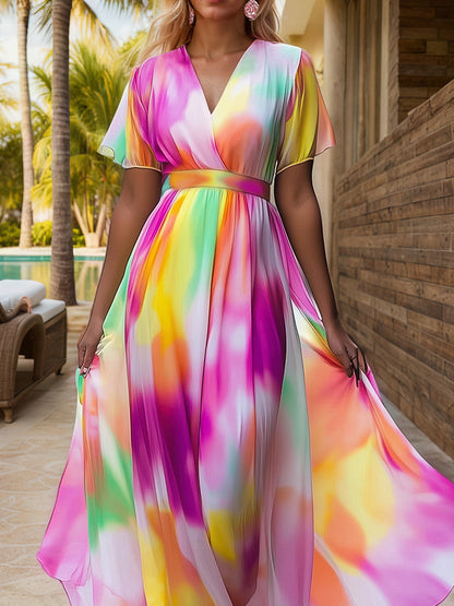 Vacation Random Print Printing V Neck Maxi Dress