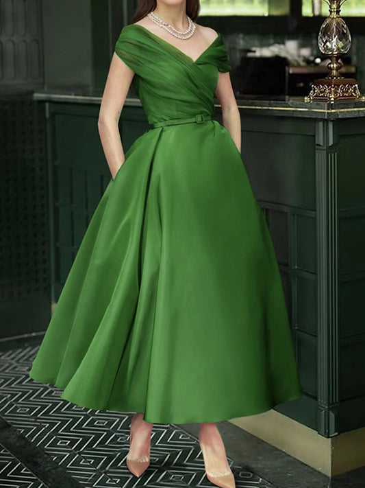 Elegant Plain Mesh Maxi Party Dress With Belt