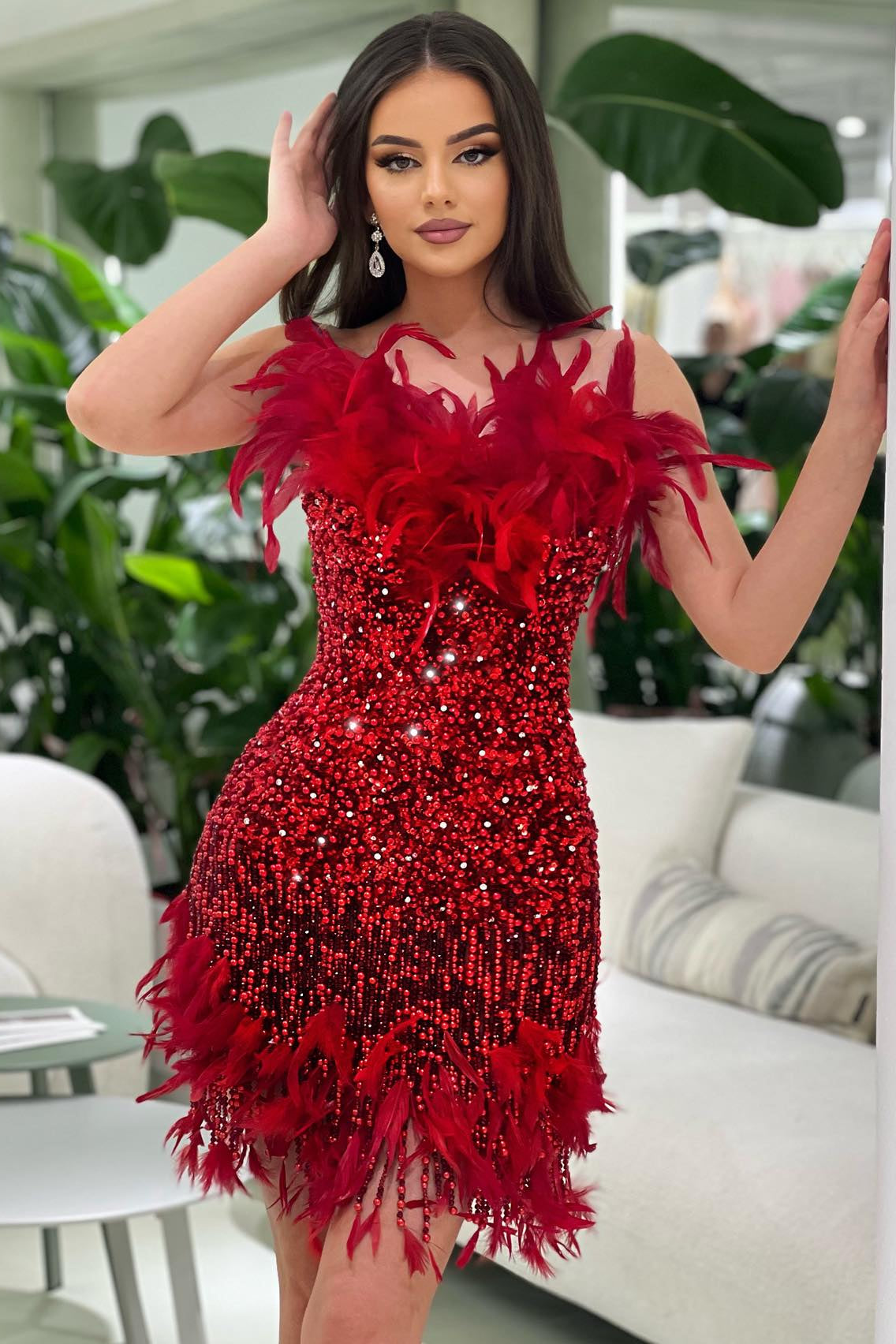 loveedsTM-Red feather short heavy-duty tube top dress-vx