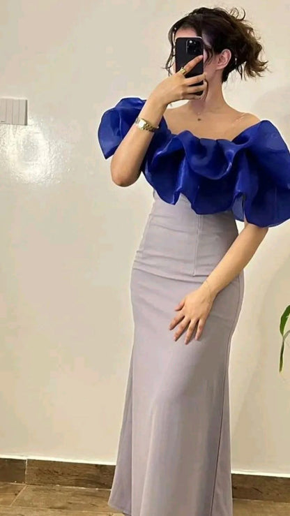 Gentle Pink Mermaid Off the Shoulder Organza Satin Prom Dress Party Dress with Slit SH3680