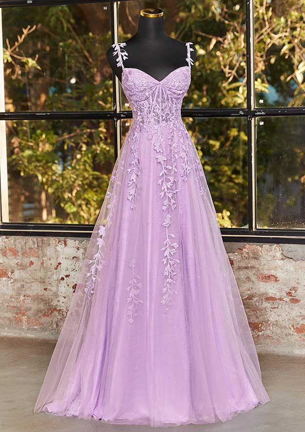 A-line V Neck Sleeveless Sweep Train Tulle Prom Dress with Appliqued Beading Evening Dresses DP302