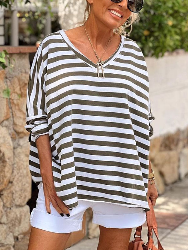 Striped Cotton Loose Pullover Everyday Ladies Tops