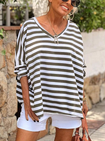 Striped Cotton Loose Pullover Everyday Ladies Tops