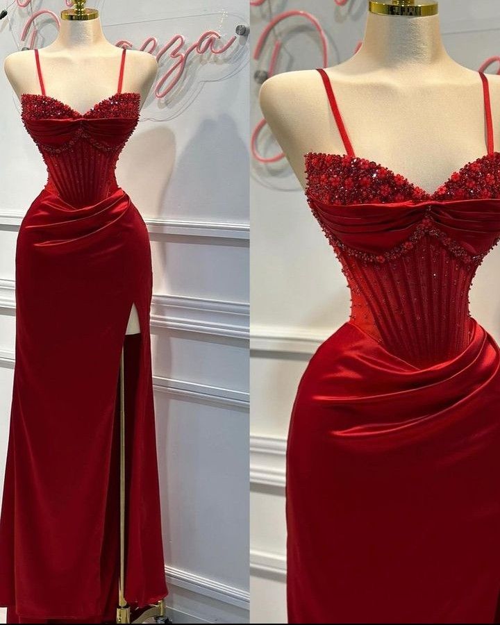 Red gorgeous exquisite fashion shiny spaghetti straps slit mermaid slim long satin ball gown evening dress party dress gh3230