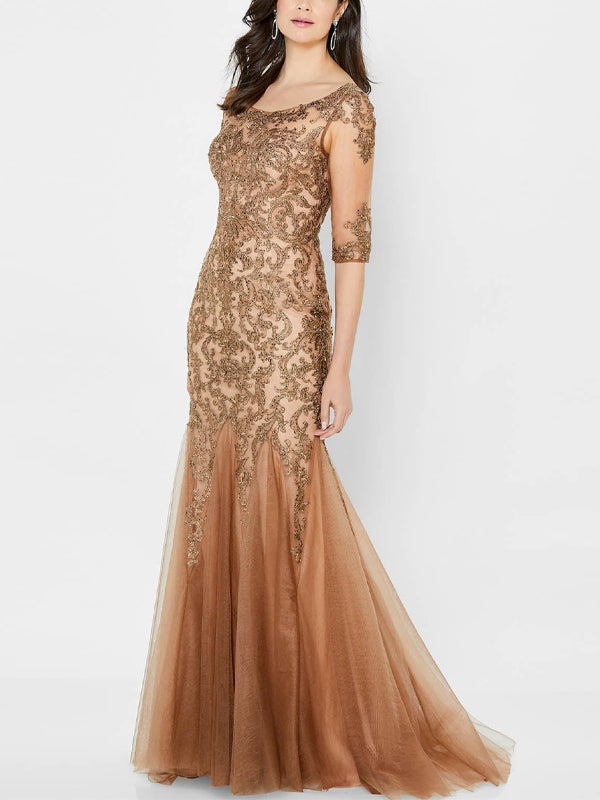 Round Neck Lace Mesh Maxi Dress