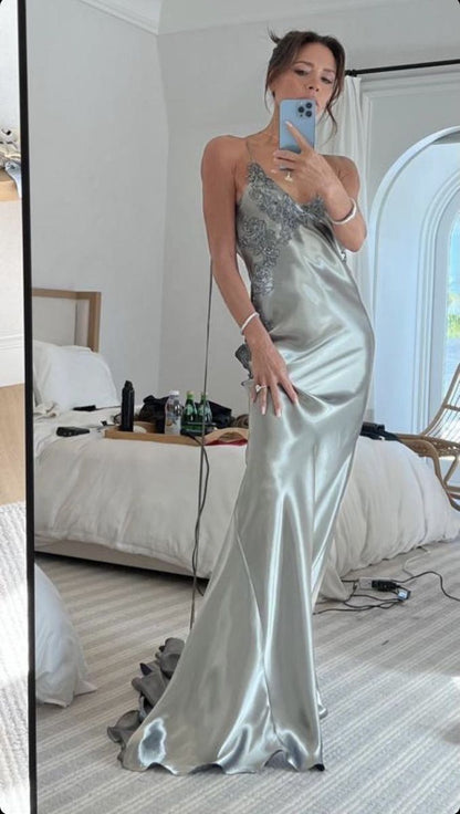 Silver Low Cut V Neck Embroidery Elegant Sexy Long Ball Gown Evening Dress Party Dress gh3026