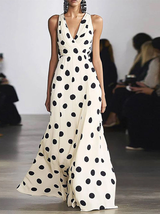 White V-neck Polka Dot Sleeveless Maxi Dress