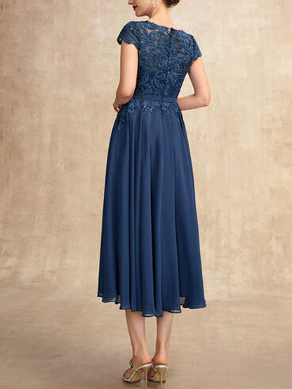 A-Line Scoop Neck Tea-Length Chiffon Lace Mother of the Bride Dress