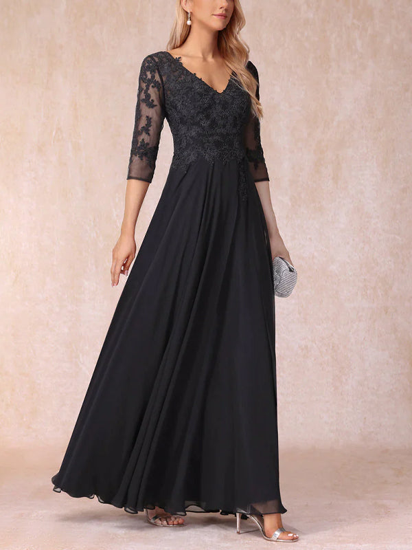 V-Neck Lace Mesh Solid Color Maxi Dress