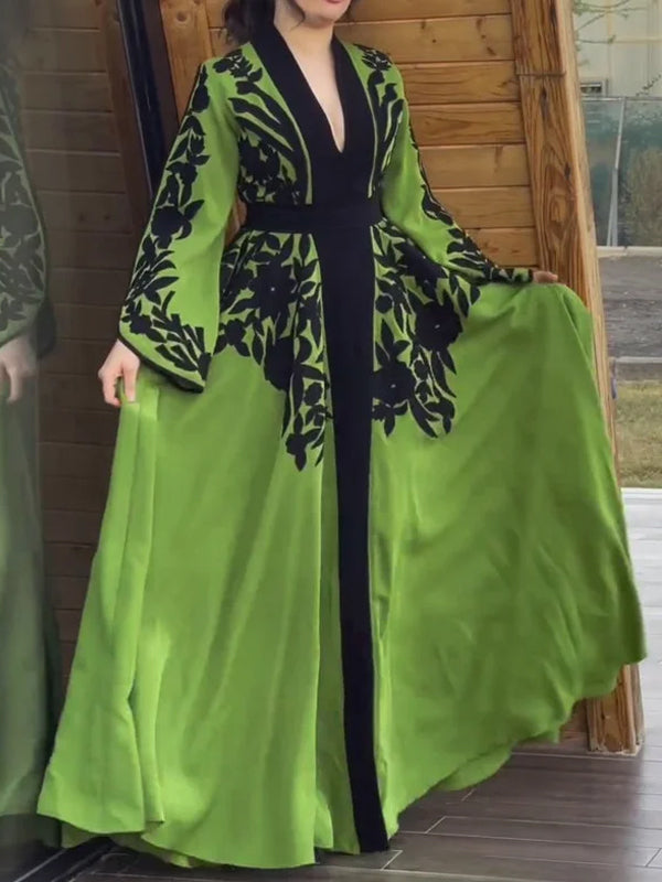 V-neck Printed Solid Color Maxi Dress