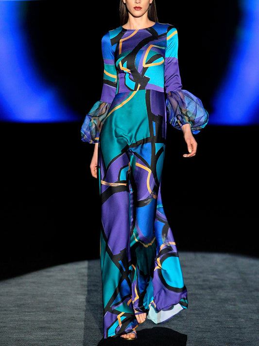 Puff Sleeves Temperament Color Matching Catwalk Women's Dress