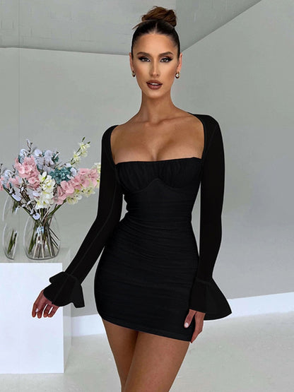 loveedsTM - Elegant Backless Sexy Mini Dress For Women Robe Two Layer Mesh Full Sleeve Zipper Bodycon Party Short Dress