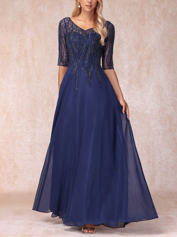 A-Line/Princess V-Neck Half Sleeves Long Formal Evening Dresses With Beading