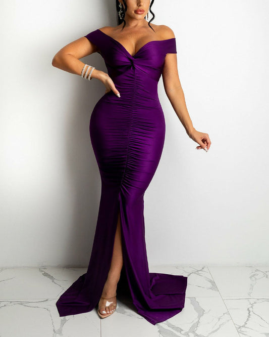 loveedsTM-Satin Off Shoulder Ruched Split Mermaid Dress