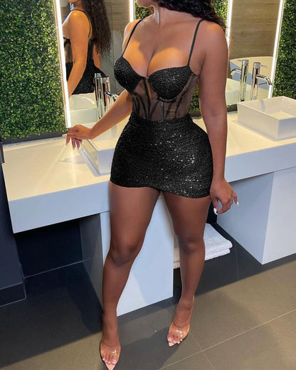 loveedsTM-Contrast Mesh Bodycon Cami Sequin Dress