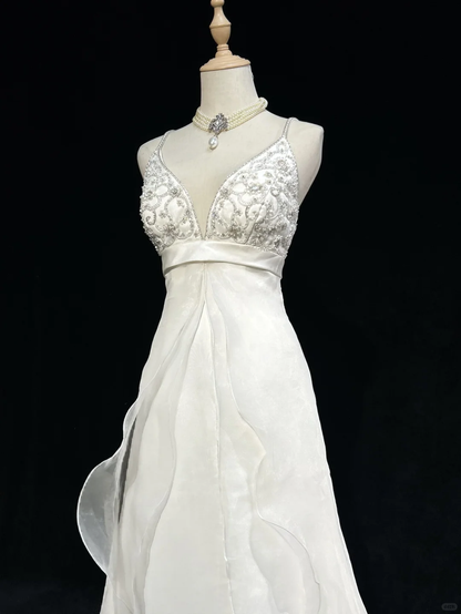 Unique Bridal Gown A Line Spaghetti Straps Long White 70s Wedding Dresses Vintage Bridal Gowns DH1145