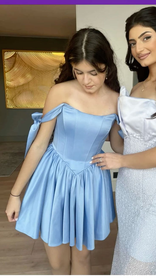 Sexy A line Straps Blue Satin Mini Short Formal 8th Grade Homecoming Dresses Summer Middle School Hoco Dress 20th Birthday Outfits DH1186